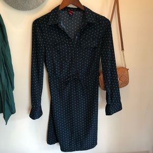 Navy Print Button Front Shirt Work Dress